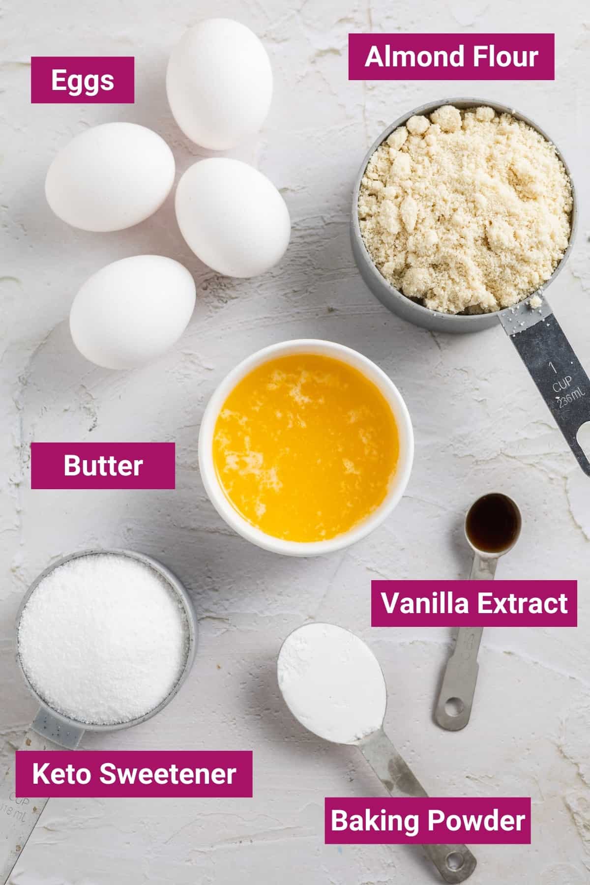 ingredients needed to make keto cornbread with almond flour like almond flour, melted butter, eggs, vanilla extract, sweetener