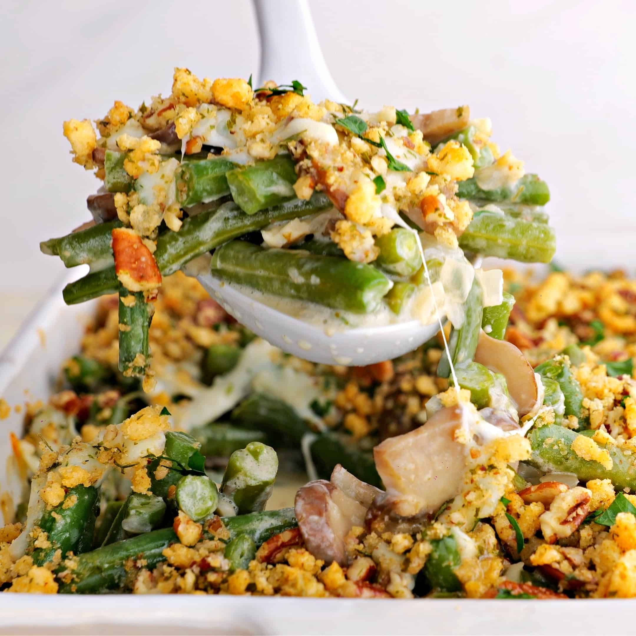 close-up of keto green bean casserole with a spoon