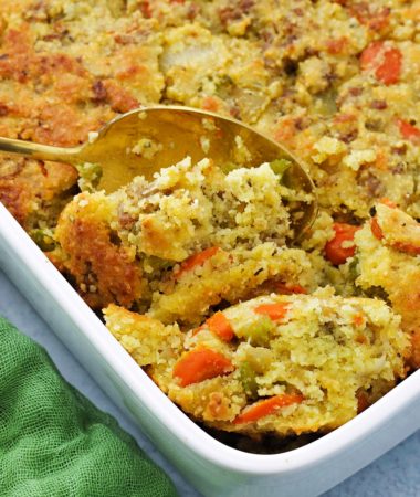 close-up of keto stuffing in a baking dish