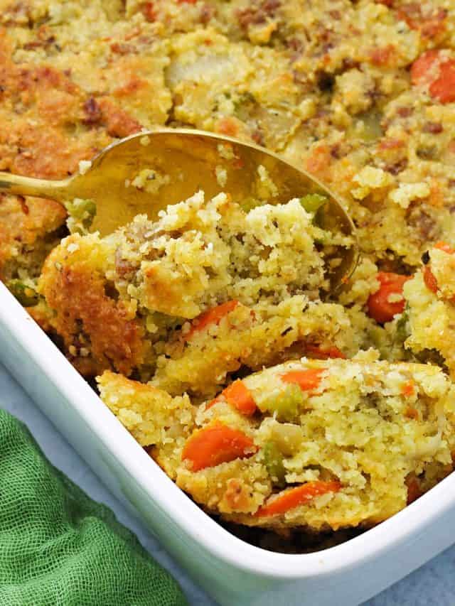 close-up of keto stuffing in a baking dish
