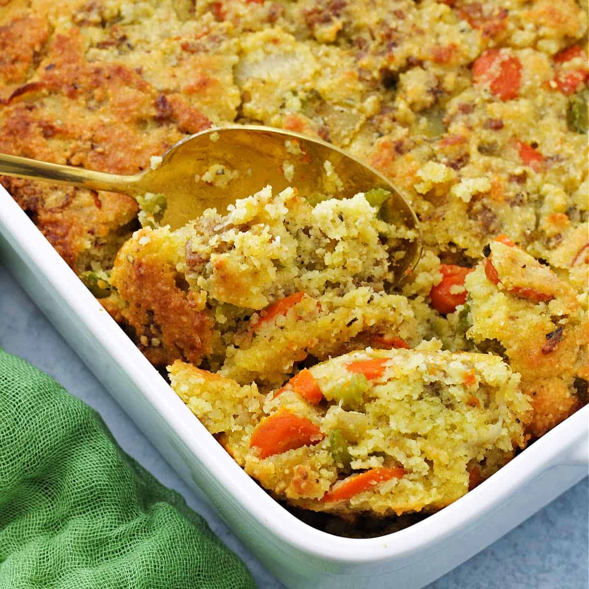 close-up of keto stuffing in a baking dish