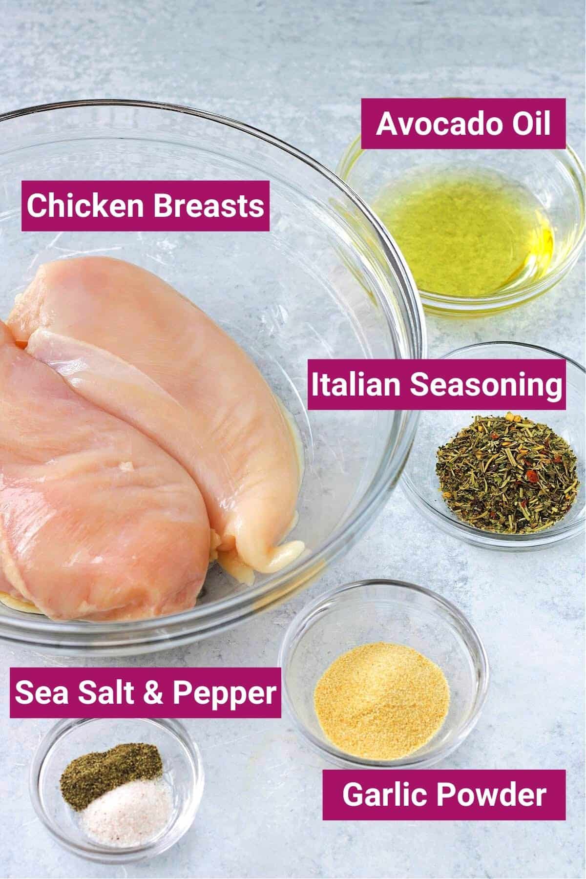 Make air fryer chicken breasts in 15 minutes that are juicy, flavorful, and never dry. Ideal for meal prep and last-minute chicken dinners. Ingredients needed to make air fryer chicken breasts.