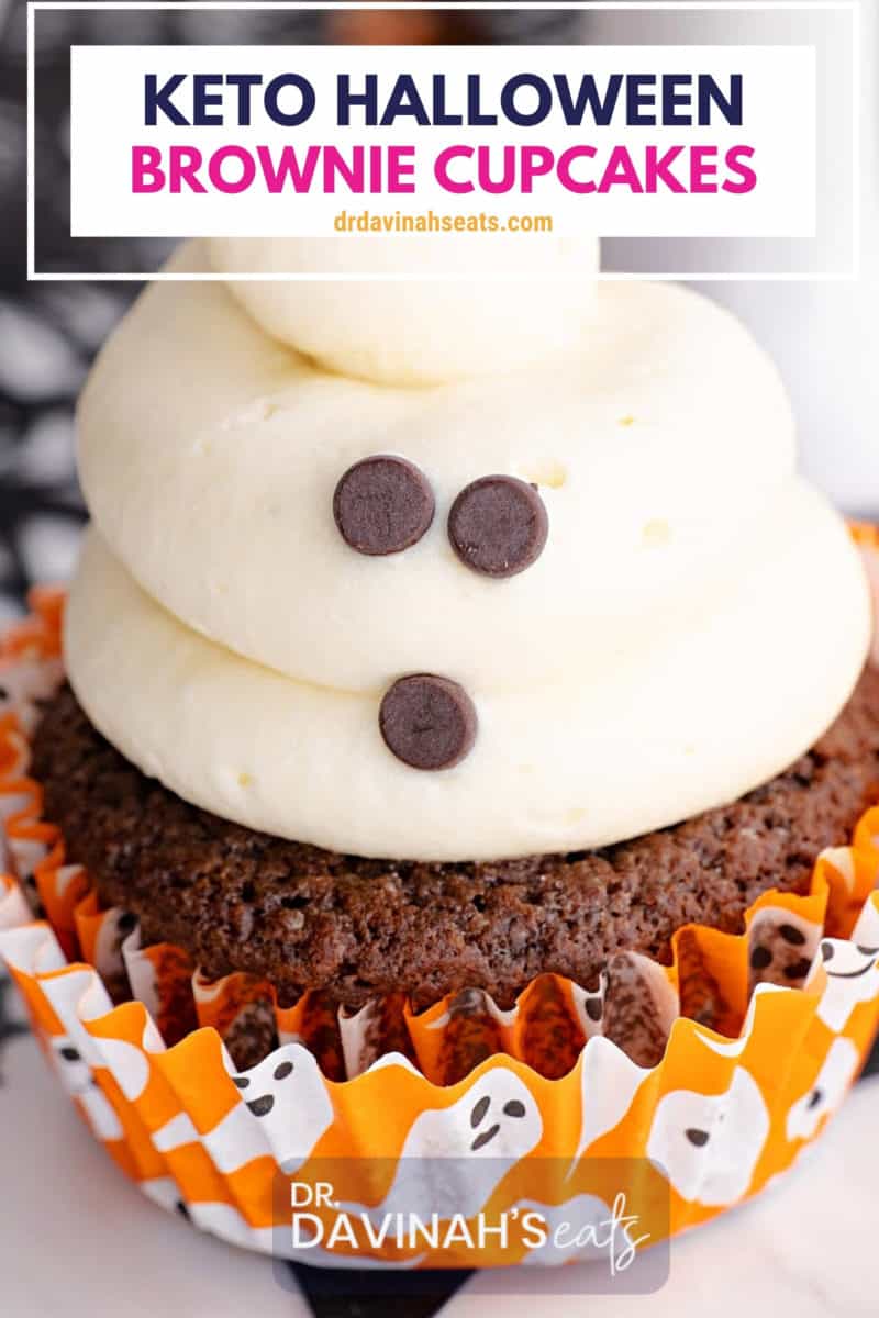 pinterest image of one almond flour brownie cupcake with cream cheese frosting