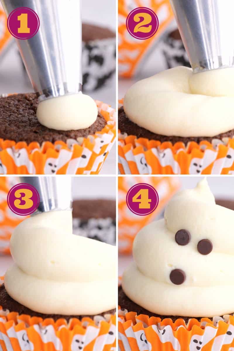 photo tutorial for how to frost keto Halloween cupcakes