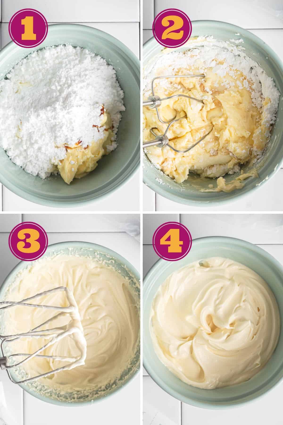 step by step photo collage of how to make keto cream cheese frosting