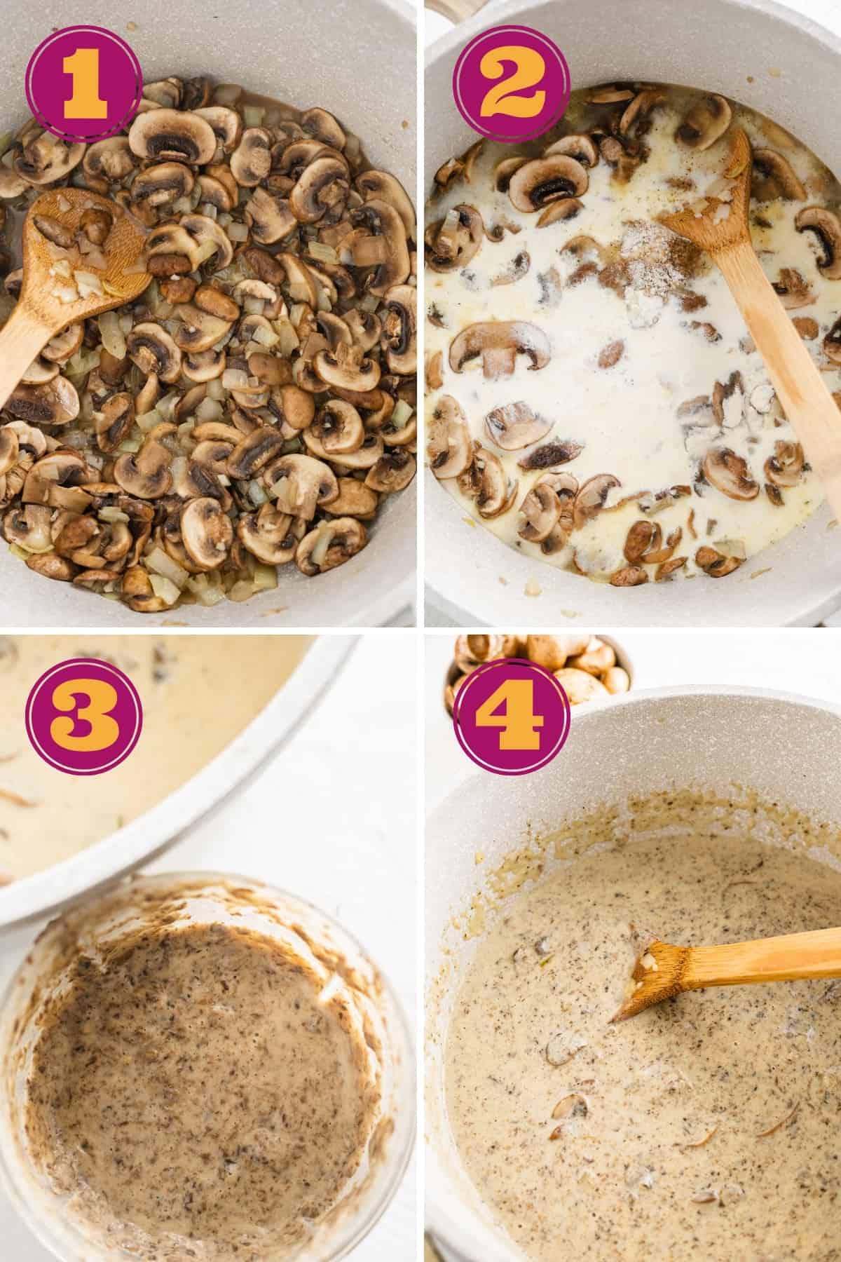 a photo collage for how to make keto cream of mushroom soup with fresh mushrooms in one pot