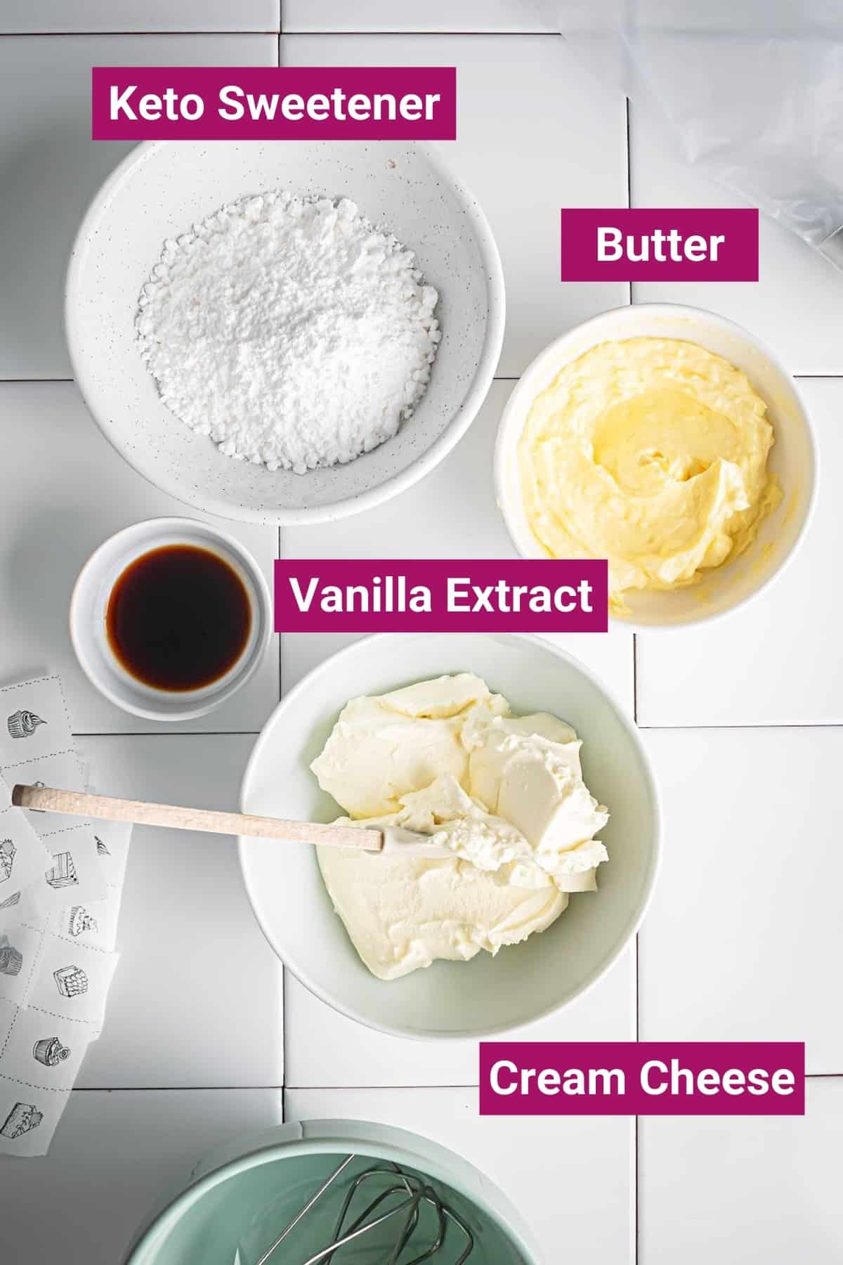 main ingredients needed to make keto low carb cream cheese frosting like room temperature cream cheese, vanilla extract, powdered sweetener, and butter