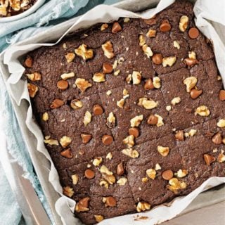 a close-up of almond flour brownies in a baking dish