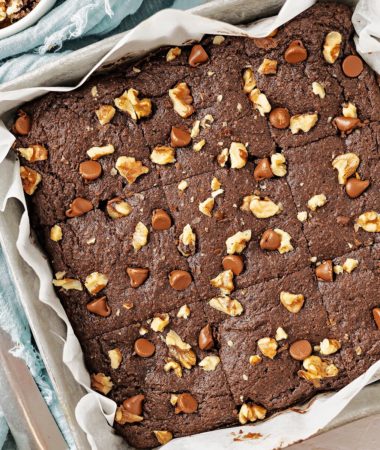 a close-up of almond flour brownies in a baking dish