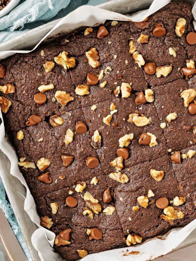 a close-up of almond flour brownies in a baking dish