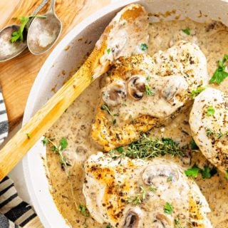 close-up of cream of mushroom chicken in a pan