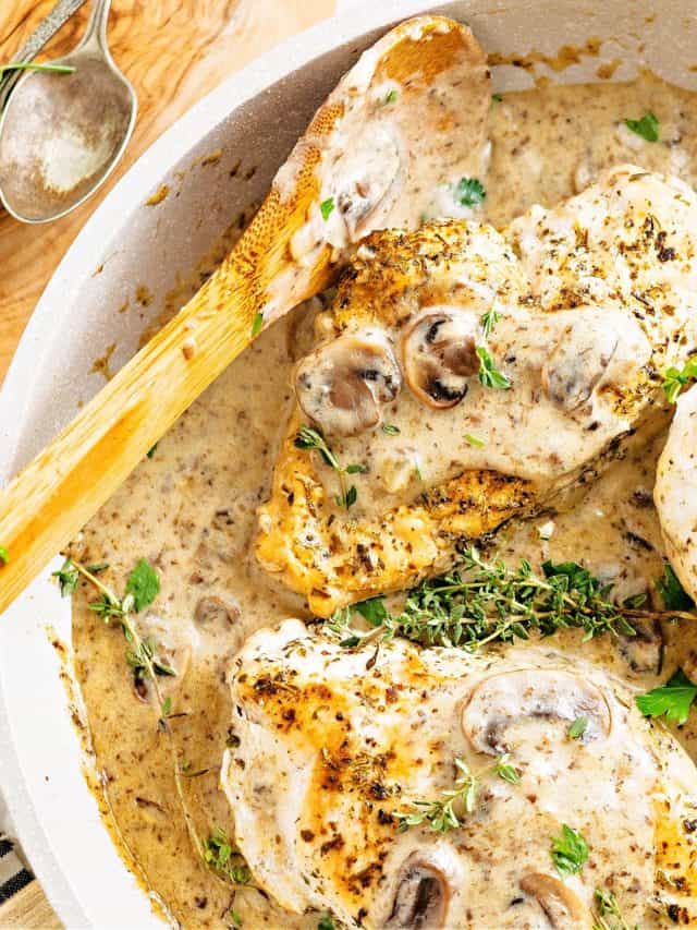close-up of cream of mushroom chicken in a pan