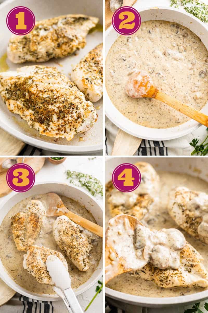 photo tutorial for how to make cream of mushroom chicken in a skillet