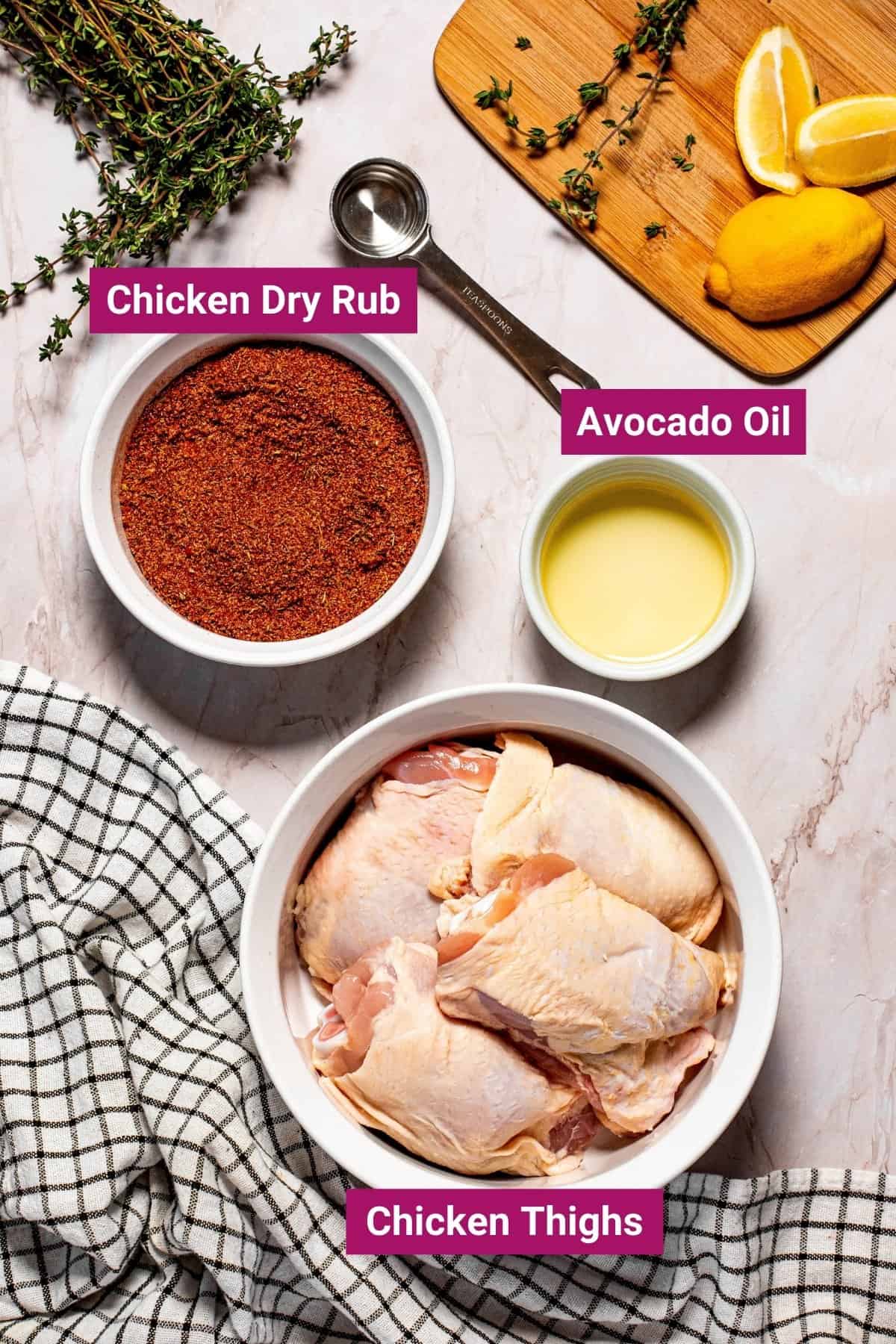 ingredients needed to make air fryer dry rub chicken thighs like chicken dry rub, avocado oil, and chicken thighs