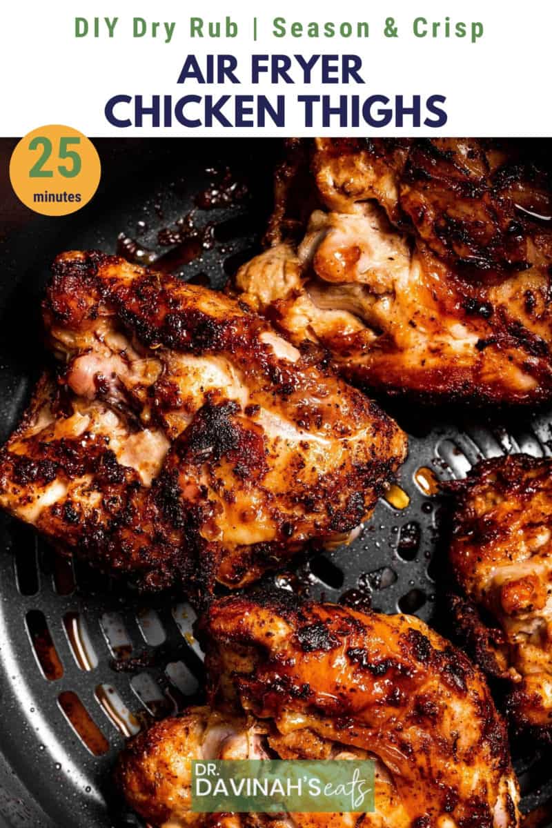 pinterest image for dry rub air fryer chicken thighs