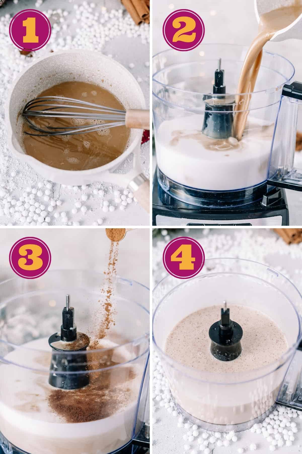 a photo tutorial for how to make Keto Coquito without eggs in a food process or blender