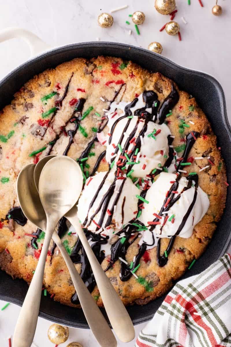 overhead photo of keto chocolate chip skillet cookie