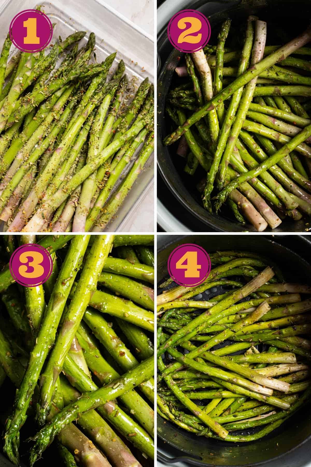 step-by-step instructions for how to make asparagus in the air fryer by placing raw asparagus in a shallow container with spices and a little bit of oil, then adding them to the Ninja air fryer