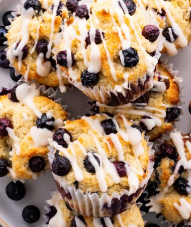 almond flour keto blueberry muffins on a plate with keto glaze