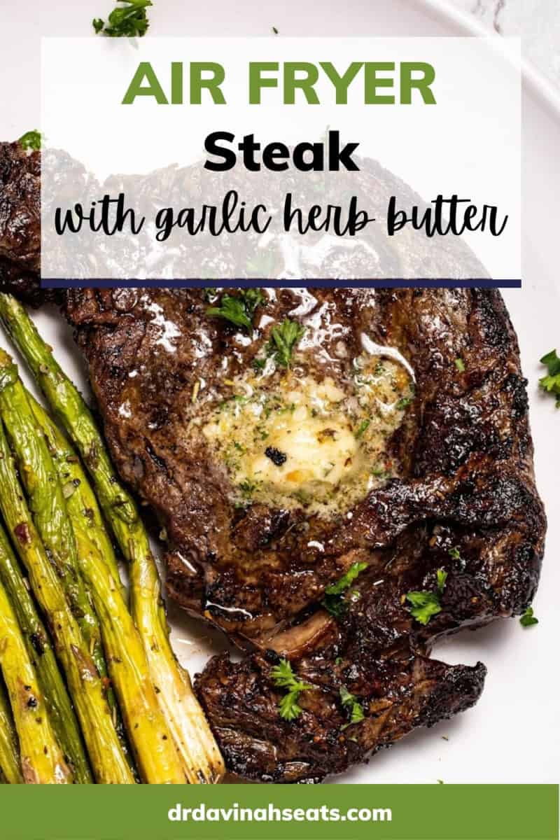 pinterest image for air fryer steak recipe