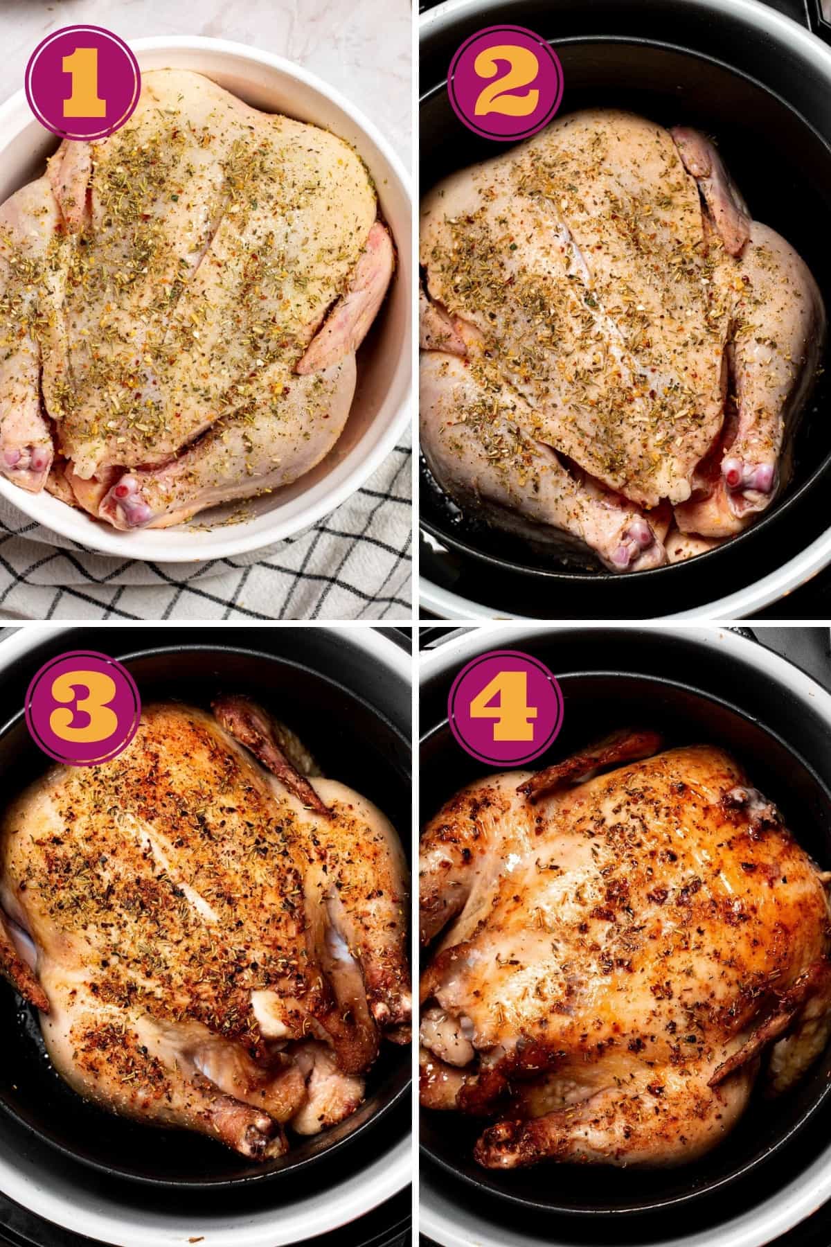 Four pictures with numbers: first, a raw whole chicken in a mixing bowl with seasonings; second, a season raw whole chicken in an air fryer basket; third, a roast whole chicken after being flipped in an air fryer basket; and fourth, a roast whole chicken in an air fryer basket