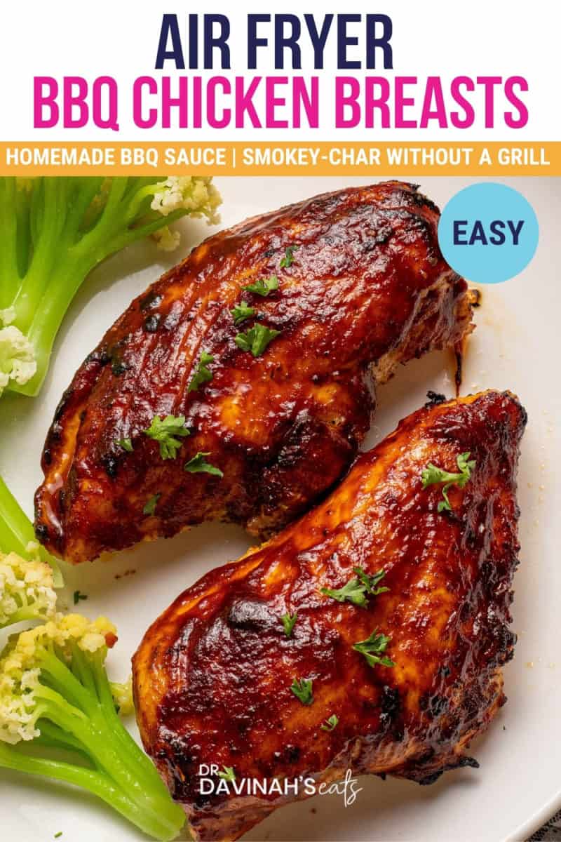 pinterest image for air fryer bbq chicken breasts