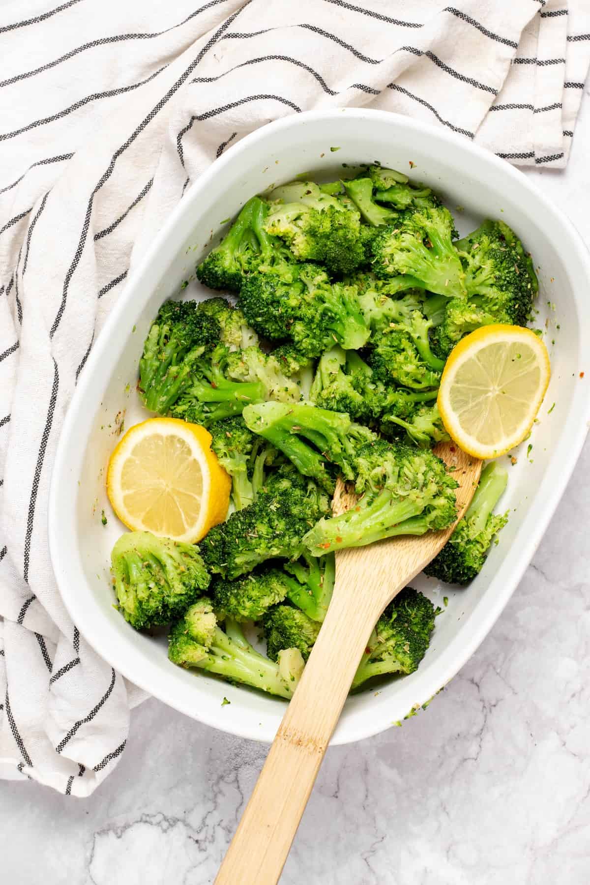 cooked Air Fryer Frozen Broccoli in a serving dish