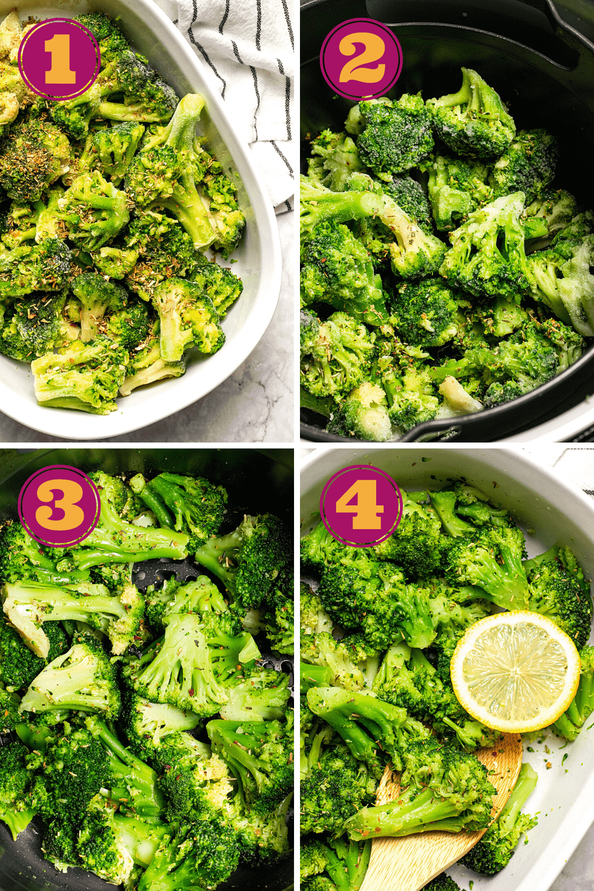 collage of how to make Air Fryer Frozen Broccoli in the Ninja Foodi air fryer with simple spices