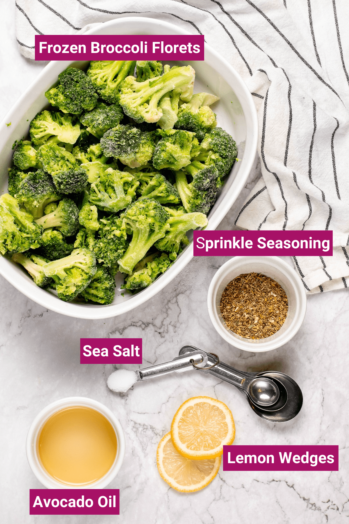 ingredients needed to make air fried frozen broccoli like frozen broccoli florets, herb spices, sea salt, and avocado oil in separate bowls
