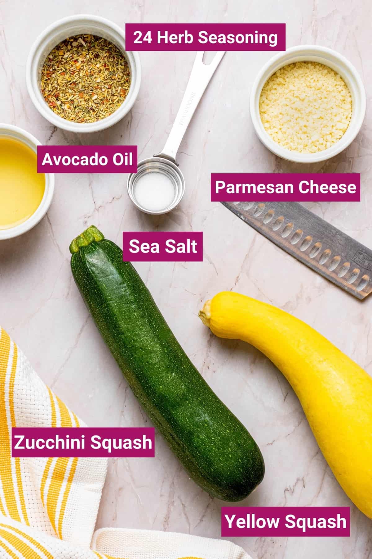 yellow squash, zucchini squash, Parmesan Cheese, sea salt, herb seasoning, and avocado oil in bowls