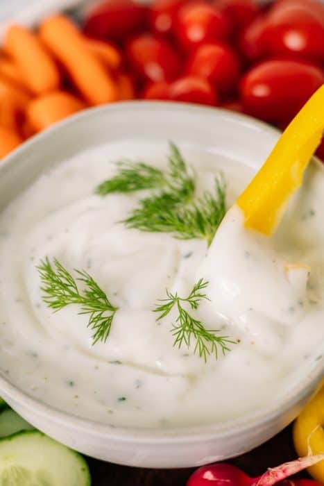 yellow bell pepper dipped on Greek Yogurt Ranch Dip