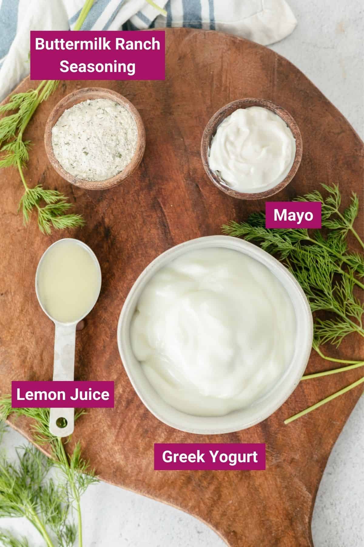 greek yogurt, mayo, ranch seasoning, and lemon juice in separate bowls