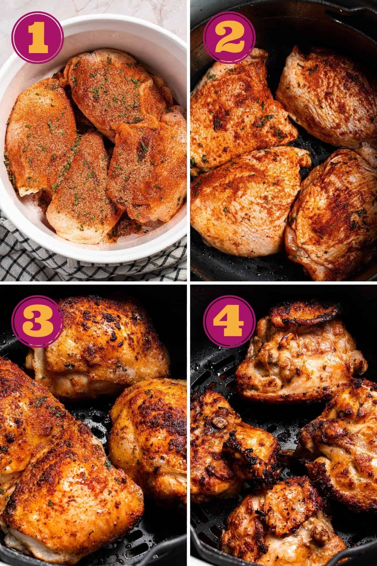 photo collage for how to make cajun chicken thighs by seasoning the meat, adding it to the Ninja Foodi air fryer and flipping the meat