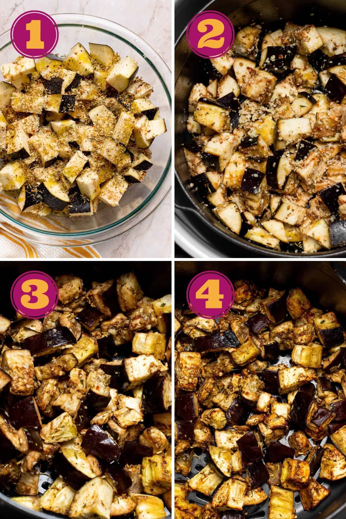 a photo collage of how to make eggplant in an air fryer