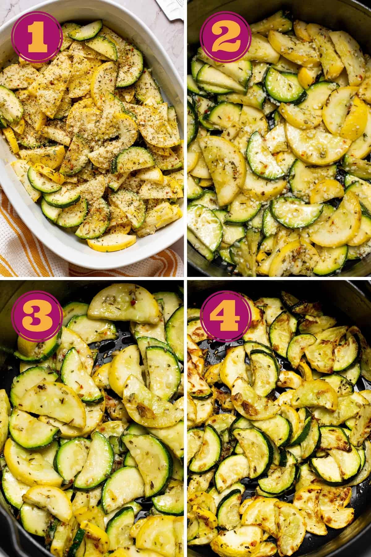 collage for how to make air fried squash in four steps