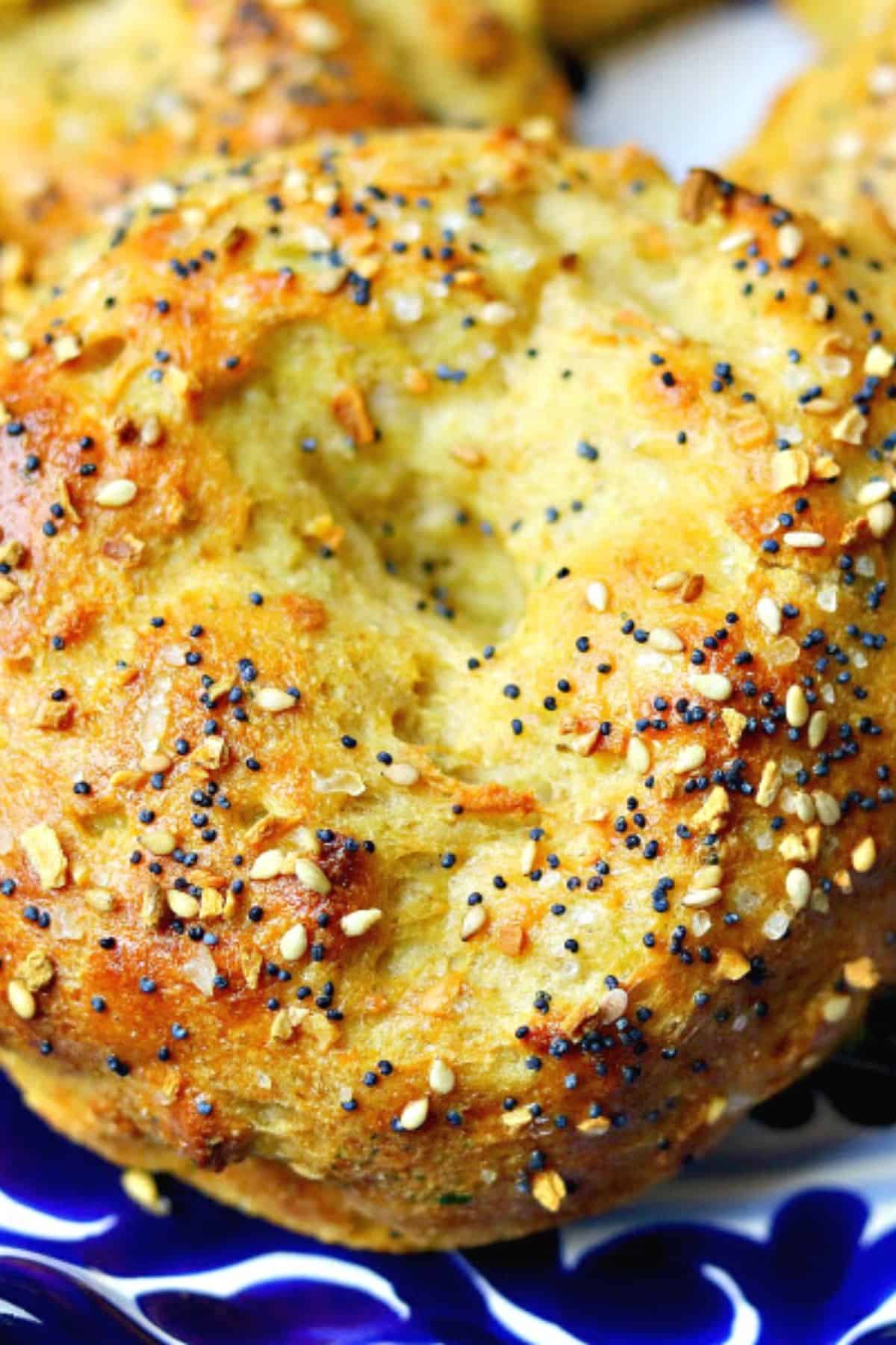 Keto Bagels made with psyllium husk on a blue plate