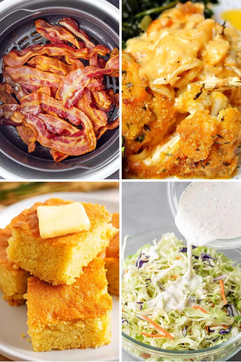 keto side dish recipes like cauliflower Mac and cheese, keto coleslaw, keto cornbread, and air fryer bacon