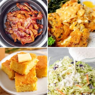 keto side dish recipes like cauliflower Mac and cheese, keto coleslaw, keto cornbread, and air fryer bacon