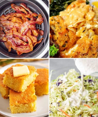 keto side dish recipes like cauliflower Mac and cheese, keto coleslaw, keto cornbread, and air fryer bacon