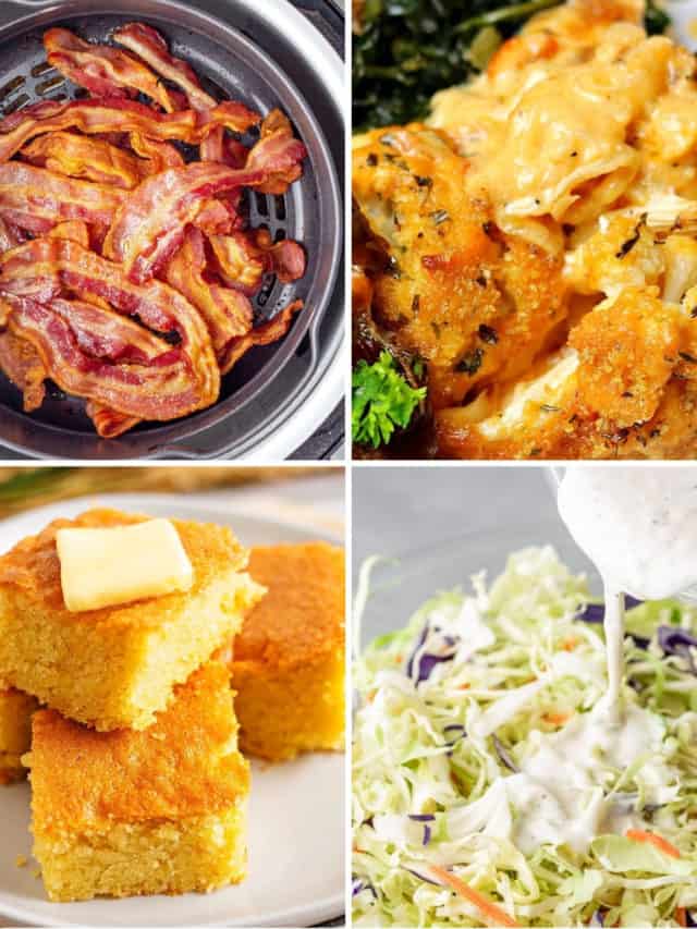 keto side dish recipes like cauliflower Mac and cheese, keto coleslaw, keto cornbread, and air fryer bacon