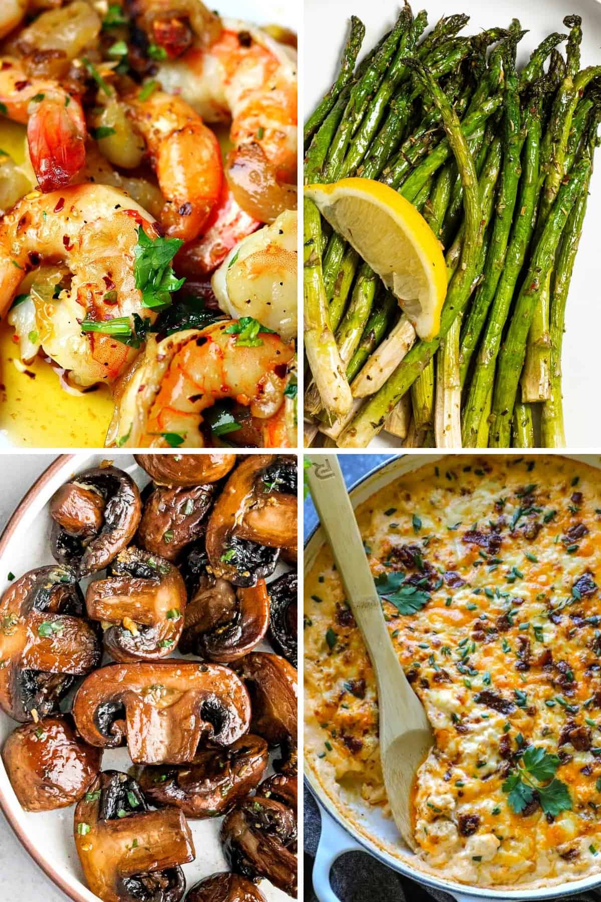 four keto side dishes for steak asparagus, sautéed mushrooms, cauliflower macaroni and cheese, and shrimp scampi