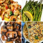 four keto side dishes for steak asparagus, sautéed mushrooms, cauliflower macaroni and cheese, and shrimp scampi