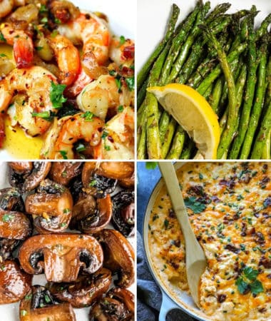 four keto side dishes for steak asparagus, sautéed mushrooms, cauliflower macaroni and cheese, and shrimp scampi