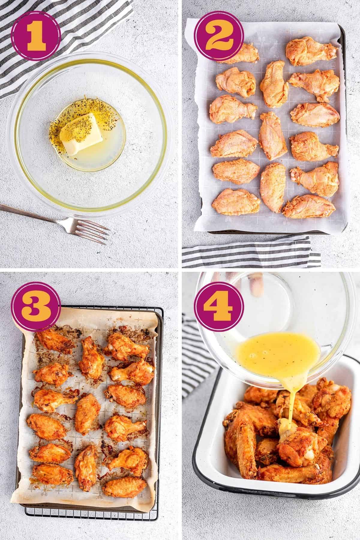 Four numbered pictures: first, a mixing bowl with butter, lemon juice, and lemon pepper seasoning, next to a fork; second, a baking sheet with parchment paper and seasoned, uncooked wings on it; third, a baking sheet with parchment paper and baked wings on it; and fourth, a tray of wings with a hand pouring a bowl of lemon pepper seasoning on them.