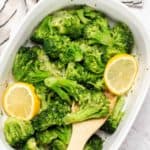 cooked air fryer frozen broccoli in a serving dish