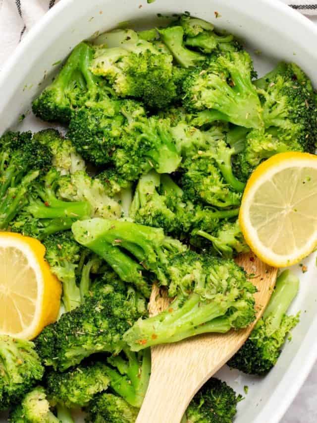 cooked air fryer frozen broccoli in a serving dish