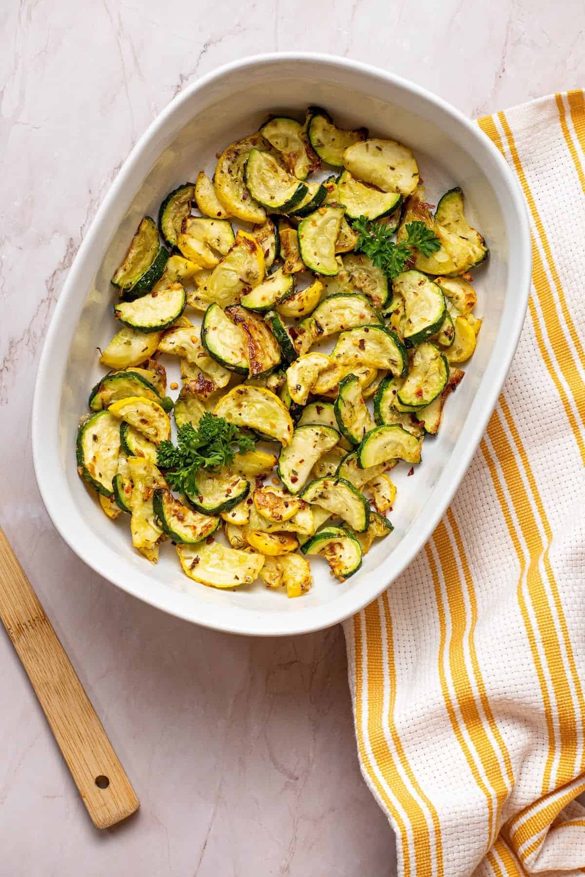 overhead view of air fryer squash cooked in a bowl