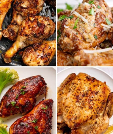 close up of air fryer chicken legs, air fryer Garlic Parmesan Wings, air fryer bbq chicken breasts, and air fryer whole chicken