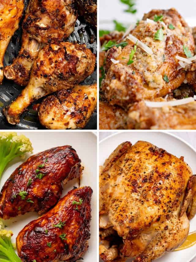 close up of air fryer chicken legs, air fryer Garlic Parmesan Wings, air fryer bbq chicken breasts, and air fryer whole chicken