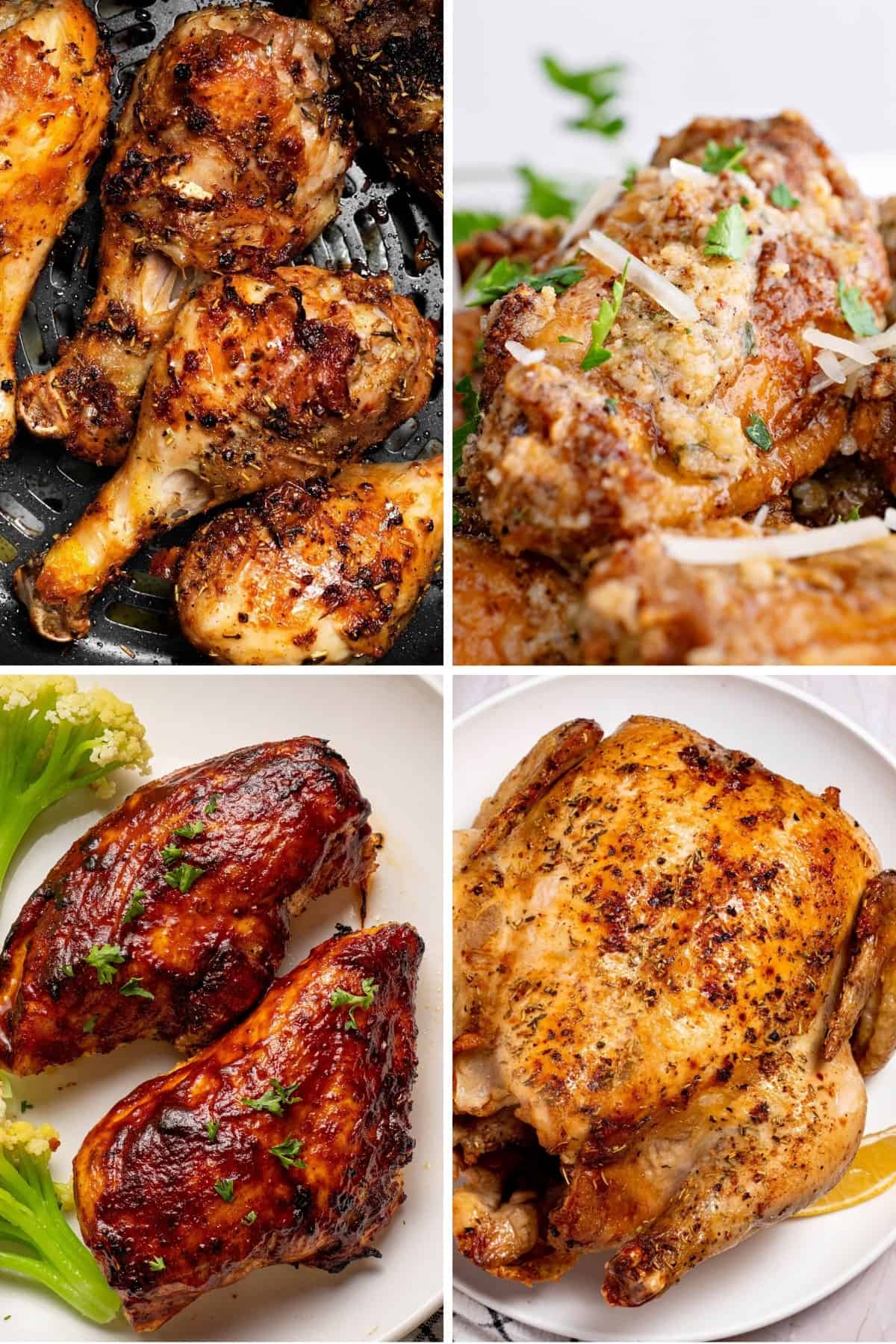 close up of air fryer chicken legs, air fryer Garlic Parmesan Wings, air fryer bbq chicken breasts, and air fryer whole chicken